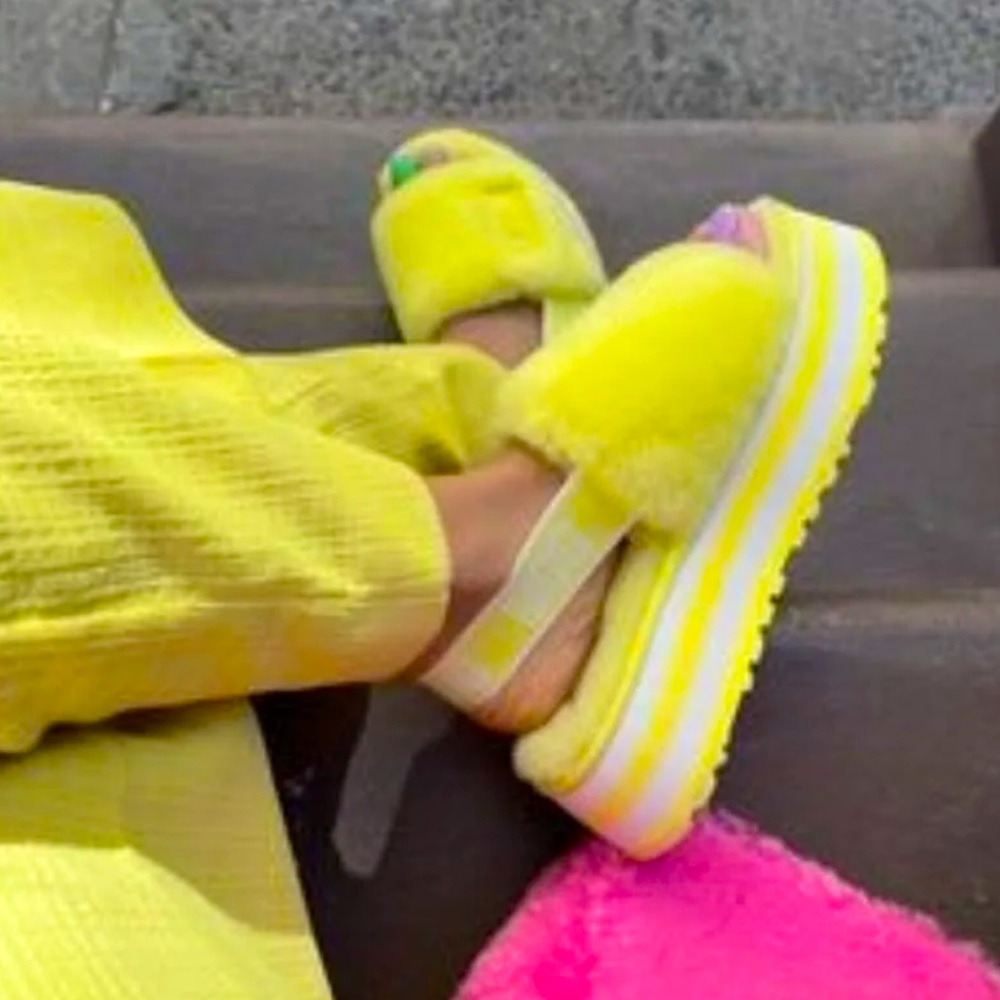 YELLOW UGG PLATFORM SLIPPERS